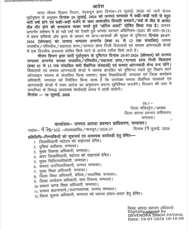 चम्पावत में भारी बारिश का ओरेंज अलर्ट: 20 जुलाई को कक्षा 1 से 12 तक के समस्त स्कूल और आंगनवाड़ी केंद्र रहेंगे